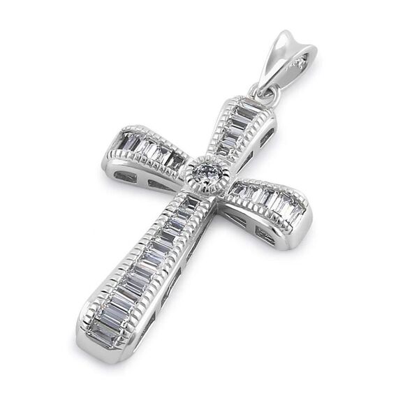 Sterling Silver Modern Cross Round and Rectangular Cut Clear CZ Necklace Pendant - Picture 1 of 4